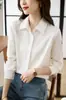 Foto Real de 25 Camisa de Cetim Cinza Azul Outono Feminina Manga Longa Outono Gola Escura Estilo Retrô de Hong Kong Caimento Roupas de Trabalho Leve e Madura