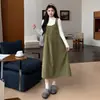 Conjunto de Maternidad Otoño Invierno Lana Cuadros Overol Vestido Botón Lateral Falda Línea A + Capa Base Cubre Vientre Holgada No Dependiente del Tipo de Cuerpo