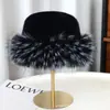 Sombrero de Ala Ancha y Copa Plana con Puntas de Colores de Piel Sintética de Mapache Sombrero de Otoño e Invierno para Mujer Sombrero Grueso Cálido de Gama Alta para Adulto