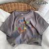 Verano 2024 Nuevo Estilo Coreano para Niñas Camiseta de Manga Corta con Estampado Reactivo de Manga Corta Trendy Camiseta Básica para Niños y Niñas