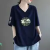 Camiseta de Manga Corta con Cuello en V Estilo Mamá de Comercio Exterior con Descuento Transfronterizo para Mujer, Talla Grande Holgada con Diseño Estampado de Estilo Único de Nicho