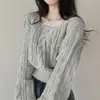 Suéter Curto com Padrão Torcido para Mulheres, Estilo Coreano Primavera e Outono Novo Estilo Preguiçoso Cor Sólida Manga Lanterna Gola Quadrada Pulôver Tricô para Mulheres