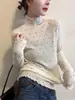 Camisa Base Elástica de Manga Larga con Cuello Alto Fruncido Estilo Socialité Estampado de Lunares Tejido Otoño/Invierno 2025 Ajuste Delgado