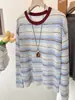 Blusa de Punto de Seda Helada con Rayas Contrastantes de Diseño Nicho Coreano de Manga Larga para Mujer Verano Delgado Protector Solar