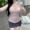 Suéter Tricot Rosa Gola V Manga Longa Feminino Verão Camisa Base Interna Estilo Puro Desejo Blusa Fina Ligeiramente Transparente Top Justo