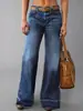 Suministro Exclusivo Transfronterizo de Jeans de Mujer Lavado Azul con Dobladillo Deshilachado, Acampanados, Parcheados, Pantalones de Tiro Bajo Ancho, En Stock para Exportación de Fábrica