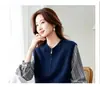 Camiseta de Manga Larga Rayada Patchwork Falsa de Dos Piezas Nueva Primavera/Otoño 2026 Diseño con Sentido Versátil Cremallera Media Cuello Redondo para Mujer