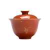 Gaiwan Estilo Dinastías Tang y Song con Esmalte Bermellón Estilo Antiguo, Taza de Cerámica para Té de Roca con Diseños Pintados en Oro de Ciruelo, Orquídea, Bambú y Crisantemo, Taza de Té de Imitación Vertido en Caliente