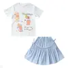 Conjunto de Dos Piezas para Niñas de Verano: Camiseta de Dibujos Animados Elegante y Moderna con Lazo y Falda Corta de Encaje para Niños Mayores