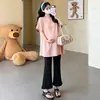 Conjunto de Dos Piezas de Maternidad de Color Sólido y Manga Corta de Verano: Conjunto de Top Holgado que Cubre el Vientre con Bordes Fruncidos y Pantalones Largos Acampanados de Cintura Alta