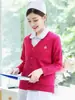 Suéter de Enfermeira Tricô Feminino Uniforme de Enfermeira Cardigã para Equipe Médica Outerwear Espessado com Forro de Lã Azul Escuro Hospital