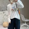 Camiseta de manga longa de algodão puro com estampa de cachorrinho estilo desenho animado coreano para tamanhos grandes, top casual de caimento solto para senhoras plus size, estilo fino de outono