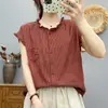 Camisa sin mangas de gasa de algodón de doble capa con cuello de volantes y estampado de espiga para mujer, estilo artístico vintage de verano, top 100% algodón suave y agradable para la piel