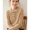 Suéter de Cachemir de Punto con Cuello Polo y Media Botonadura para Mujer, Color Sólido, Manga Larga, Elegante, Casual, Versátil, Cálido, Top Básico