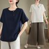 Verano 2026 Nuevo Estilo Talla Grande Holgado Casual Algodón y Lino Top con Cierre de Botones Retro, Camiseta de Manga Corta Color Bloqueado Color Sólido Estilo Zen