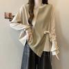 Shanli Dadi Colorido Contrastante Costura Diseño Suelta Camiseta Otoño/Invierno talla grande Cubre Vientre Falso Dos Irregular