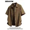 Camisa de manga curta ins estilo Hong Kong para homens, camisa casual de trabalho japonesa de cor sólida para o verão, camisa de manga curta solta da moda para homens