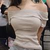 Coreia do Sul Dongdaemun Novo Ombro Listrado Manga Curta T-shirt Sexy Figura Camisa de Ombro