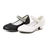 Sapatos de Couro para Meninas Primavera Cor Pura Branco Preto Sapatos de Pérola Corrente Princesa Performance de Piano Passarela Casamento Saltos Altos