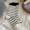 Meias de Lã Listradas para Mulheres, Meias de Cano Médio para Outono e Inverno, Forradas com Fleece, Espessas, Quentes de Caxemira, Meias Caídas Estilo Japonês, Meias Longas com Renda