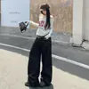 26 jeans de estilo retro americano, mezclilla cruda, bloques de color, tiro bajo, pierna recta, pierna ancha para mujer; soporta dropshipping de artículos individuales