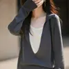 Suéter de Punto de Imitación Lana de Manga Larga, Jersey de Estilo Coreano de Dos Piezas Falsas para Mujer, Nuevo Top de Capa Interior Ajustado para Otoño e Invierno 2026