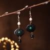 Pendientes Retro de Ébano Turquesa Pendientes Sencillos de Perlas de Agua Dulce Estilo Antiguo Pendientes Estilo Chino para Cheongsam
