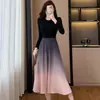 Deslumbrante e único vestido longo de manga comprida em linha A com gradiente preto no estilo Chanel, adequado para primavera e outono, roupas femininas plus size para senhoras plus size