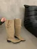 Botas de caña alta con hebilla de gamuza retro y tacón grueso para mujer, nuevo estilo 2026, botas de montar hasta la rodilla con punta, botas fruncidas apiladas