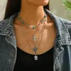 Joyas de Venta Caliente Europeas y Americanas, Collar de Grava Multicapa Estilo Vaquero Retro, Collar con Cabeza de Toro y Cactus de Cuentas Turquesas