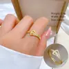 [Ouro Real] Anel de Abertura Ajustável Ginkgo Zircônia Full Diamond Joia Simples Anel Japonês Anel de Casal