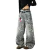 Jeans de doble cintura con estampado de leopardo retro americano para hombre, pantalones anchos curvos holgados con estampado 3D de otoño, en stock para dropshipping