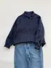 Camisa de lino azul marino para mujer, diseñador de nicho, versátil y de alta calidad, con detalles bordados en el cuello