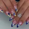 24 Piezas de Uñas Portátiles de Almendra Amarillas Azules Francesas Asimétricas Florales Uñas Postizas Removibles Parches de Manicura Uñas