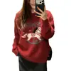 Suéter Rojo de Lana 100% Bordado con Caballo para Mujer, Estilo de Alta Gama Otoño e Invierno, Se Puede Usar como Capa Base o Exterior, Suéter de Punto sin Cierre