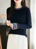 Suéter Delgado Jacquard de Cuello Redondo Estilo Étnico para Mujer Otoño e Invierno Combinación de Colores Retro Camisa de Capa Inferior Top Tejido de Punto de Manga Larga