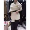 Suéter de tricô elegante com gola cachecol estilo francês para mulheres, outono casual folgado emagrecedor com amarração, branco, tamanho único