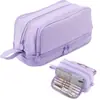 Estuche de doble capa con doble apertura, color liso, simple, multifuncional, bolsa de almacenamiento de gran capacidad, organizador de papelería resistente a la suciedad para estudiantes de primaria