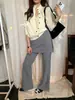 Pantalones Casuales de Pierna Ancha con Abertura Lateral, Estilo Coreano Simple Versátil Adelgazantes, Colección Otoño 2026, Té Verde con Limón, Para Mujer
