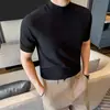Camiseta Masculina de Malha Lyocell com Gola Alta Curta de Manga Curta para o Verão 2026, Camiseta Masculina Fina de Seda Gelada com Gola Alta Curta Estilo Old Money