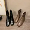 Botas de Piel Genuina de Vaca para Mujer, Botines de Tacón Grueso Tipo Calcetín Elástico, Botas Martin Cuadradas para Otoño e Invierno, Botines Tipo Calcetín de Tejido Fly-Knit, Botines Cuadrados