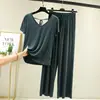 Novo modelo de verão em modal, decote V, costas bonitas, pijama de manga curta com calça de perna larga, tamanho grande, caimento solto, pode ser usado fora de casa, conjunto de roupa para casa