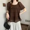 Top de Verano Nuevo para Mujer Talla Grande Estilo Francés Cuello Cuadrado Línea A Holgado en Capas Manga Corta