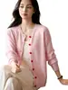 Cardigan Tricotado 100% Caxemira Pura Novo para Outono e Inverno Feminino Jaqueta Suéter de Gola Redonda com Botões de Coração Camisa de Manga Longa que Reduz a Idade