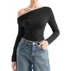 Camiseta Base de Manga Larga Ajustada para Mujer con Escote Inclinado, Camiseta de Seda de Leche para Mujer, Estilo Sexy con Hombros Descubiertos