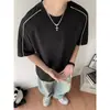 Camiseta Blanca de Patchwork Rayado para Hombre, Verano Retro Americano Holgada con Mangas Raglán, Top Versátil de Manga Corta de Moda