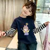 Camiseta de manga larga a rayas con retazos de algodón puro para niñas, top tipo jersey de dibujos animados elegante para primavera y otoño, adecuado para niños mayores