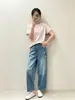 Jeans Rasgado Cropped da Moda para o Verão, Jeans Reto Dad de Cintura Alta Slim-Fit Versátil com Bordado Etiqueta Rosa para Mulheres