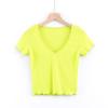 Primavera Novo Moda Europeia e Americana Feminina Cor Sólida Babados Decote V Slim Blusa T-Shirt Curta C8588 Decote V Confortável