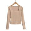 2416-25 Principios de Primavera Nuevo Estilo Coreano Pura Chica Picante Doble Cuadrado Cuello Manga Larga Camiseta Básica Ajustada al Cuerpo Camiseta